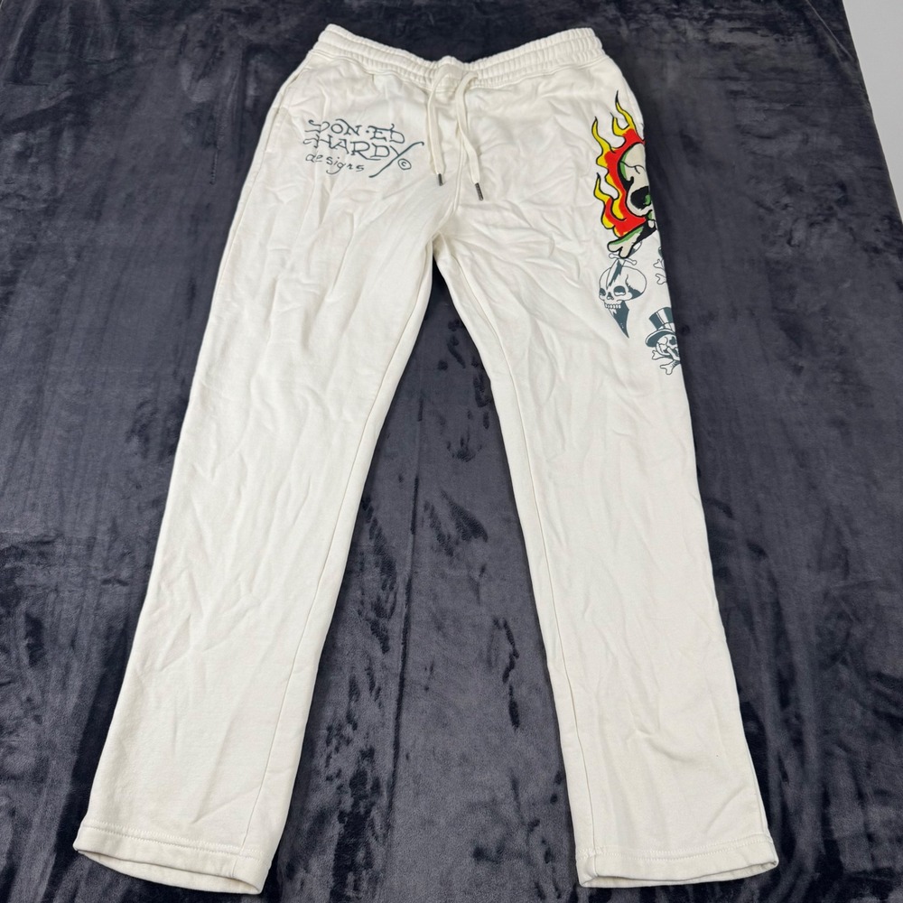 Ed Hardy Sweatpants Mens Medium Cream Tattoo Graphic Skull Joggers